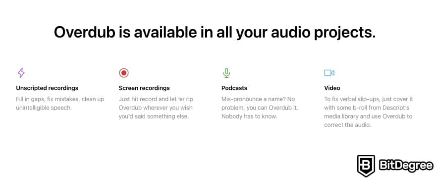Best AI tools: Overdub features displayed on the webpage. Best AI tools: Overdub features displayed on the webpage.