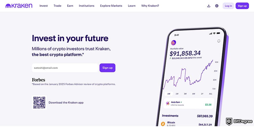 Best cryptocurrency exchange: Kraken homepage.