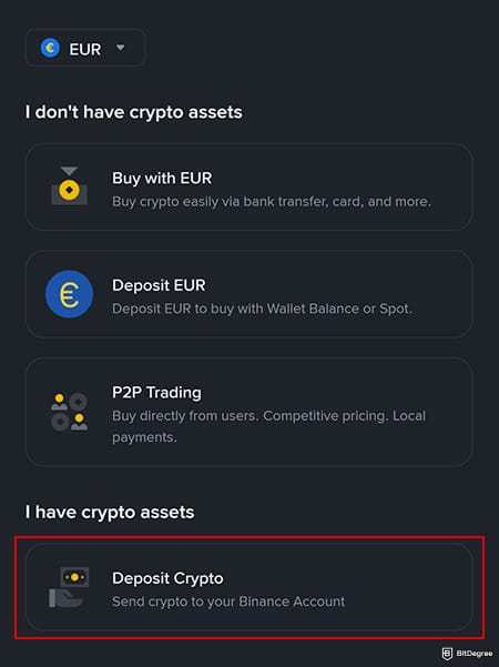 Binance Review: Choose a cryptocurrency to deposit.