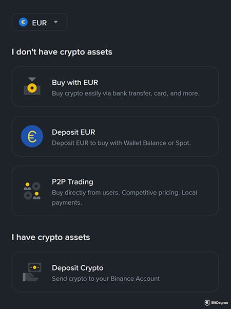 Binance Review: Choose a deposit type.