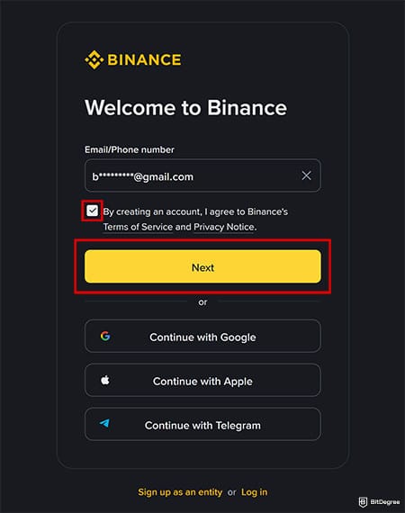Binance Review: enter your information.