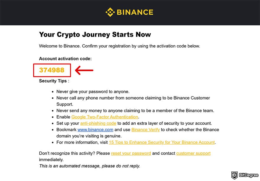 Binance Review: verification e-mail.