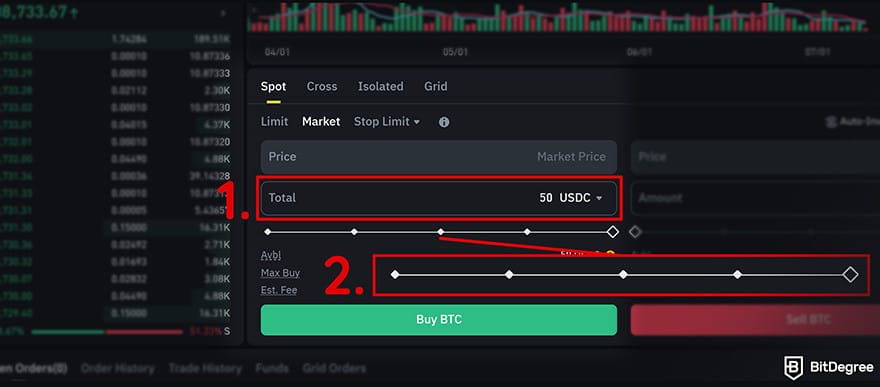Binance Review: Select an amount or percentage in Spot trading.