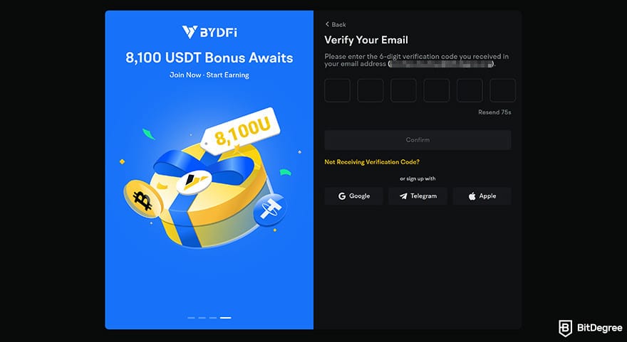 BYDFi review: email verification.