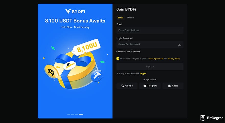 BYDFi review: enter email and password.