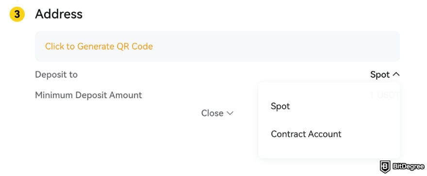 BYDFi review: generating the deposit address.