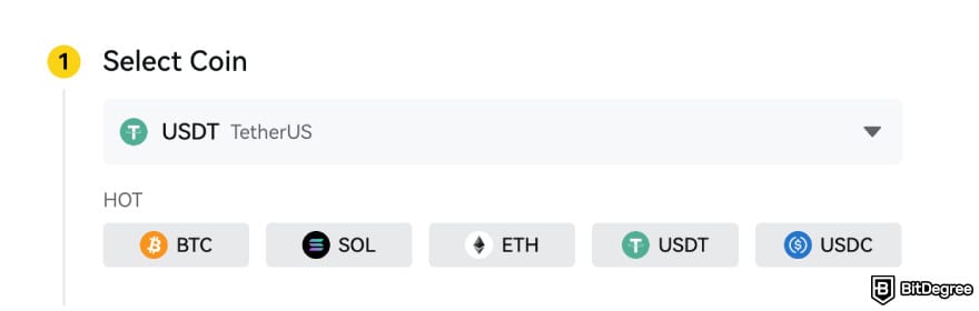 BYDFi review: selecting a coin to deposit.