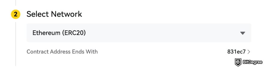 BYDFi review: select the deposit network.