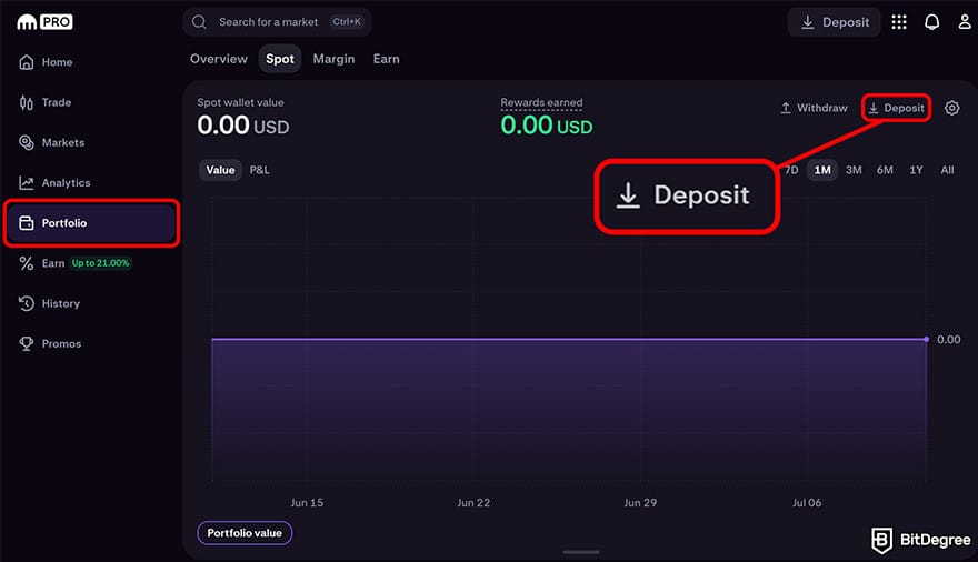 Kraken review: the [Deposit] button.