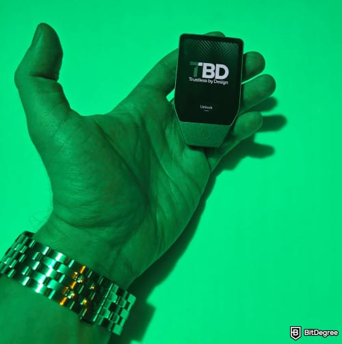 Trezor Safe 7 review: how the Safe 7 wallet looks on a palm.