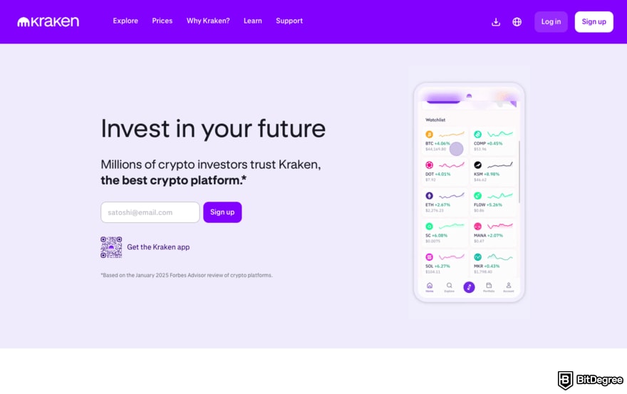 WEEX review: a screenshot of Kraken homepage.