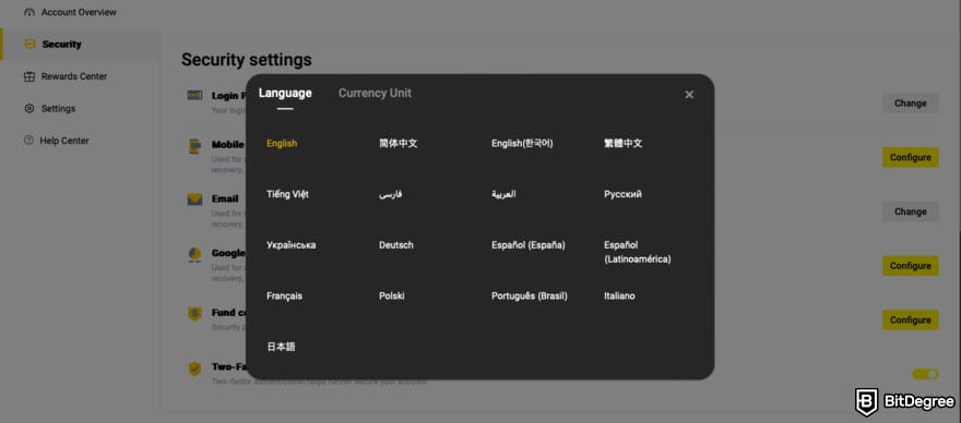 WEEX review: WEEX languages.
