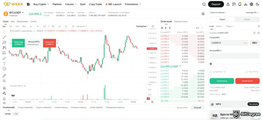 WEEX review: futures trading interface in light mode.