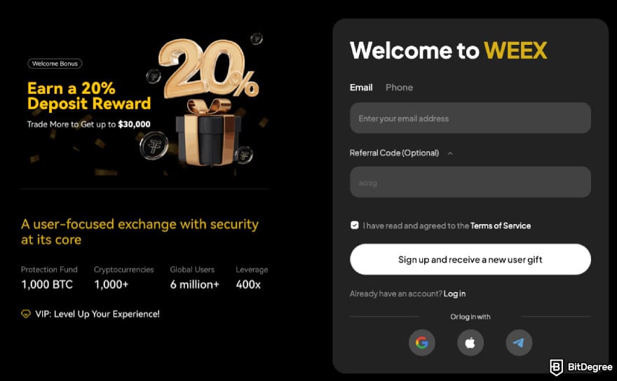 WEEX review: WEEX's registration page.