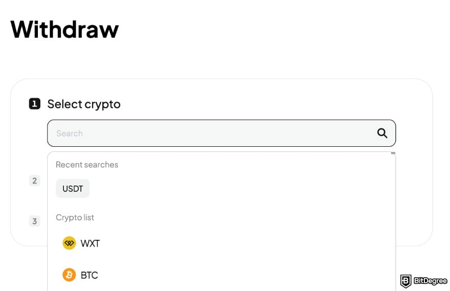 WEEX review: select the token you want to withdraw.